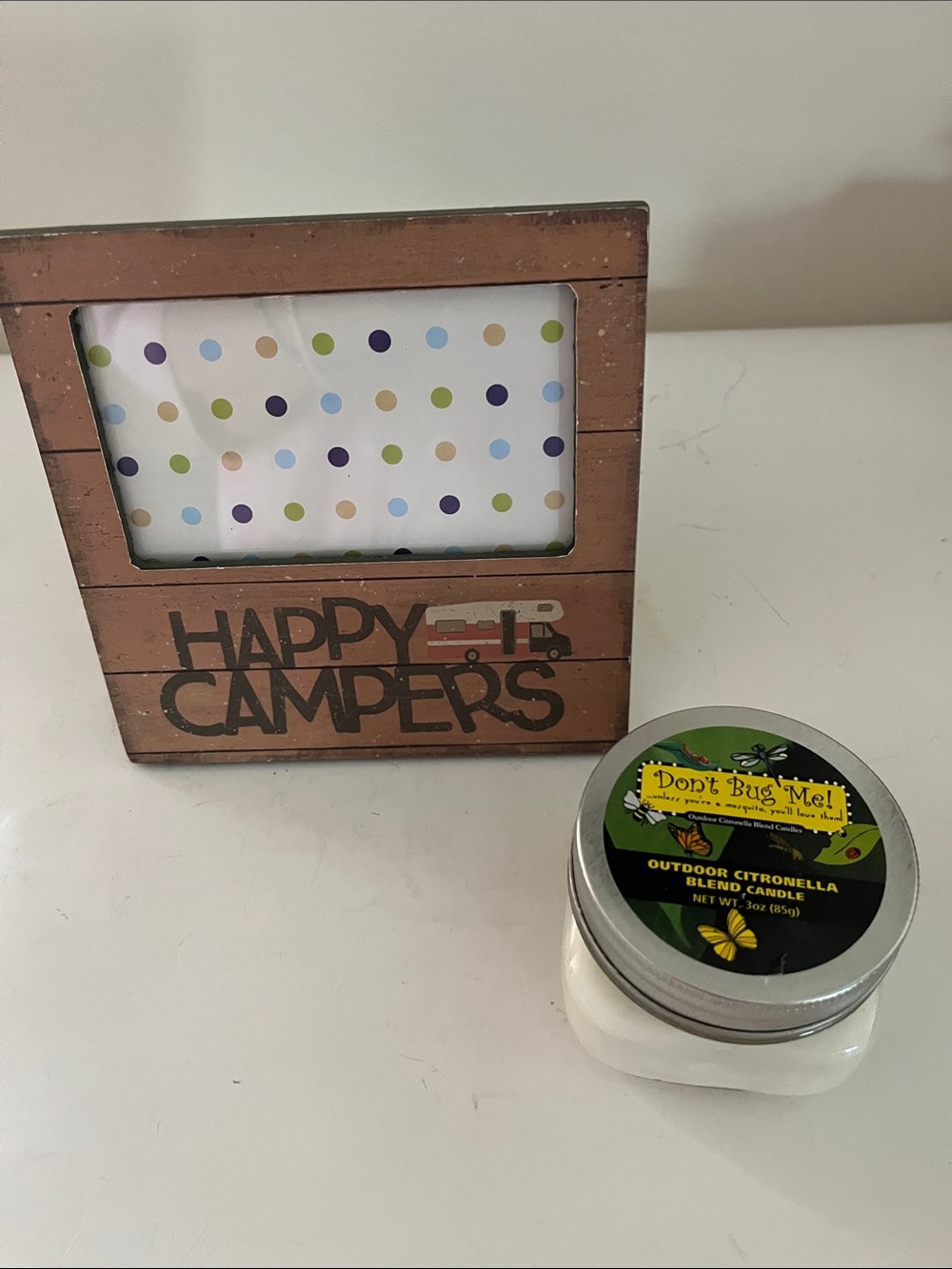 Happy Campers Wood Frame - Brown and “Don’t Bug Me” citronella candle